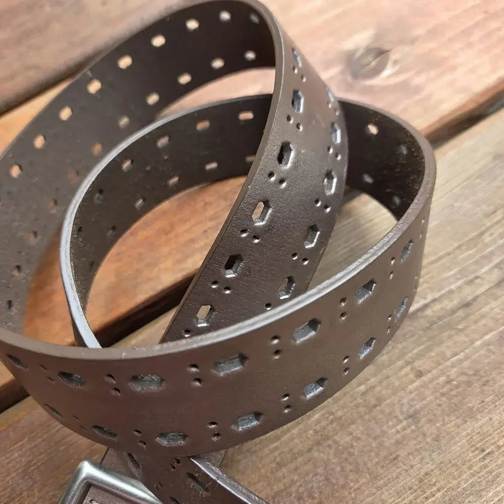 Metallic Bronze Leather Belt Womens L Geometric Cutout Wide Western Boho Belt